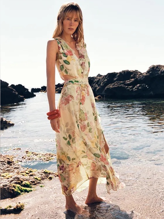 Zara Garden Floral Side Cutout Vneck Ruffle Long Dress. Xs Nwt